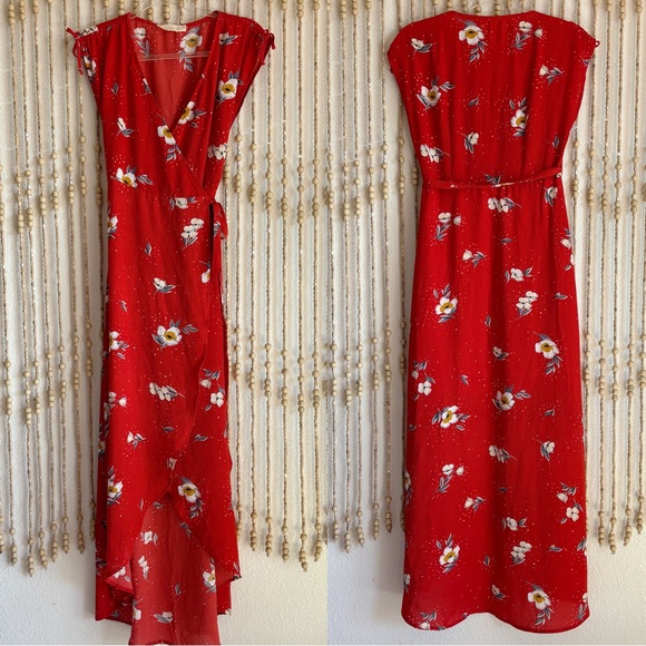 lovestitch Dresses & Skirts - Lovestitch NWOT Beautiful Red Floral Wrap Short Sleeve Maxi Hi Lo V Neck Dress